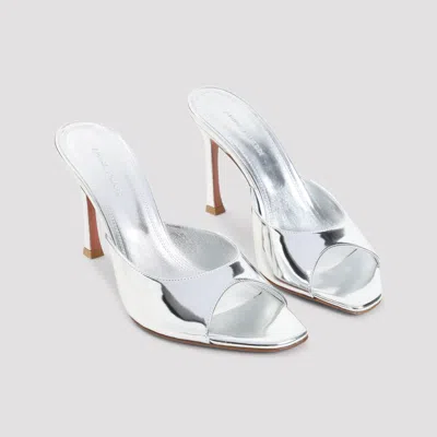 Amina Muaddi Alexa 95 Metallic Leather Mules In Gray