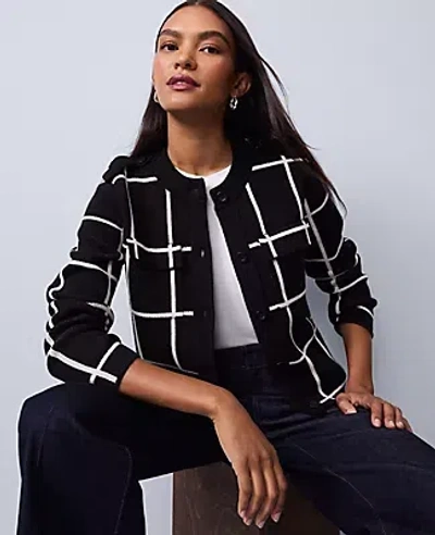 Ann Taylor Petite Windowpane Utility Sweater Jacket In Black
