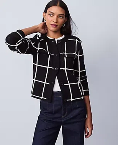 Ann Taylor Petite Windowpane Utility Sweater Jacket In Black