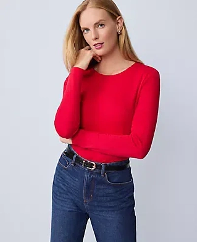 Ann Taylor Petite Long Sleeve Crew Neck Top In Red