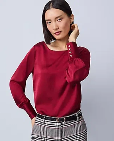 Ann Taylor Petite Satin Boat Neck Popover Top In Burgundy