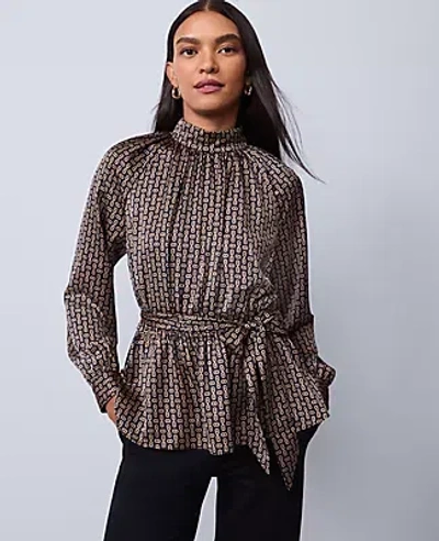 Ann Taylor Petite Chain Link Print Tie Waist Blouse In Black