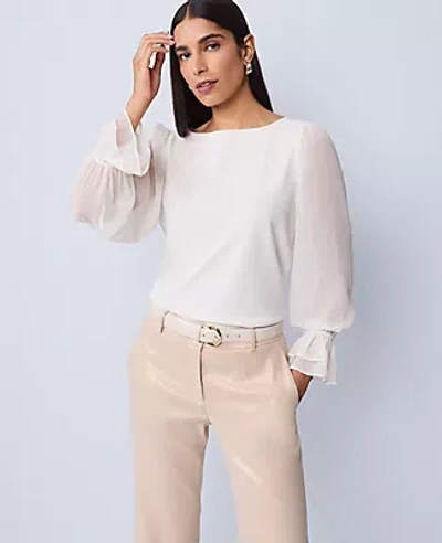 Ann Taylor Mixed Media Pleated Sleeve Top In White