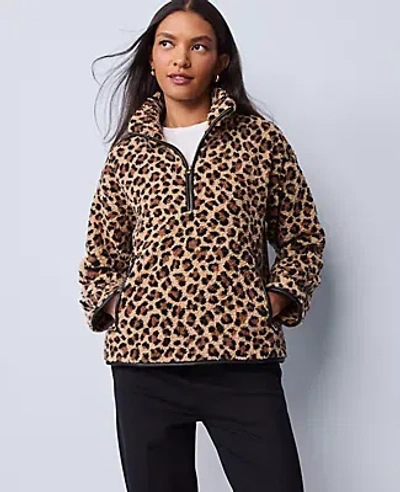Ann Taylor Weekend Collection Animal Print Sherpa Pullover In Brown