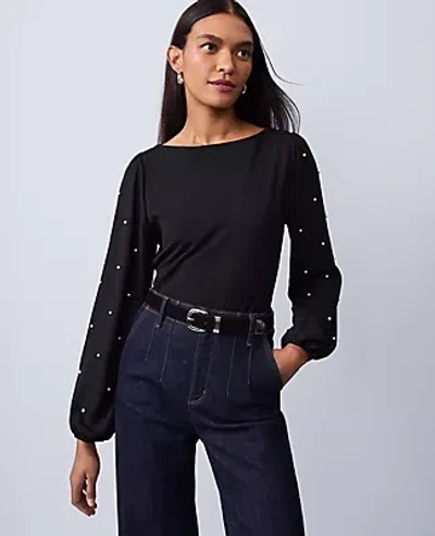 Ann Taylor Mixed Media Embellished-sleeve Top In Black