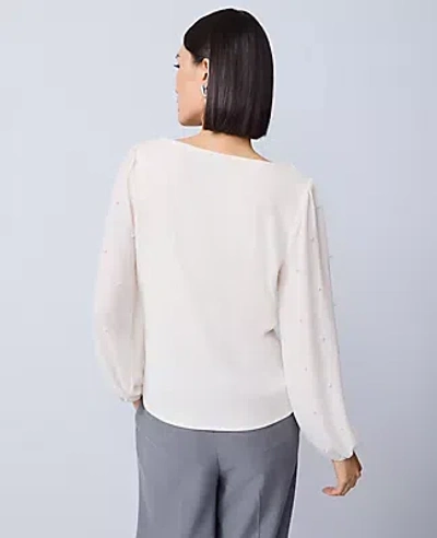 Ann Taylor Mixed Media Embellished-sleeve Top In Neutral