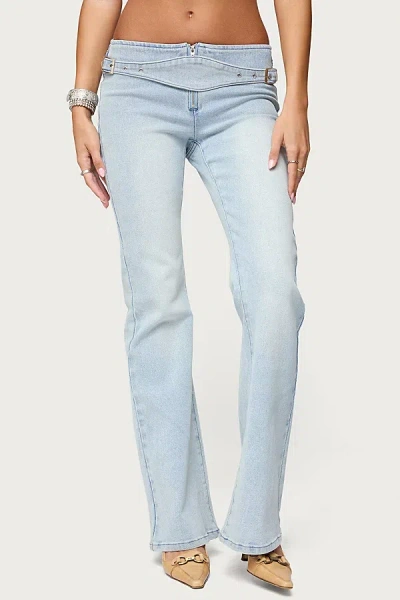 Edikted Kinza Belted Low Rise Flare Jeans In Blue