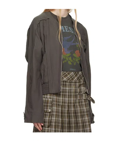 Open Yy Gray Linen Paneled Bomber Jacket In Gold