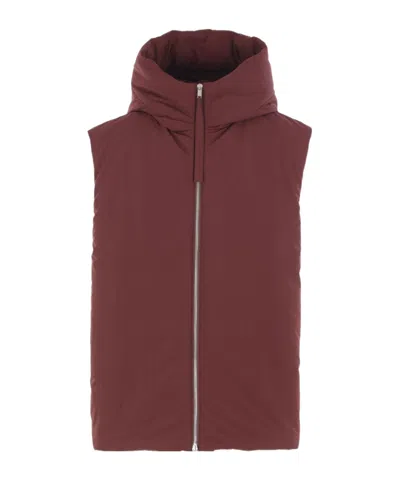 Jil Sander High Neck Hooded Padded Vest In Burgundy
