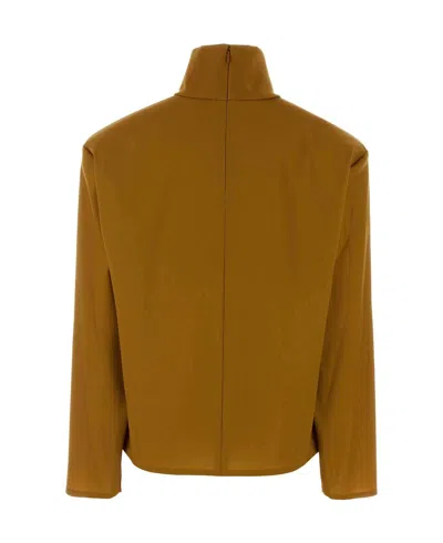 Saint Laurent Stretch Silk Blend Turtleneck Long Sleeve Top In Brown