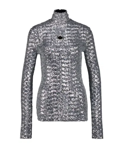 Rabanne Sequin Turtle-neck Top In Silver