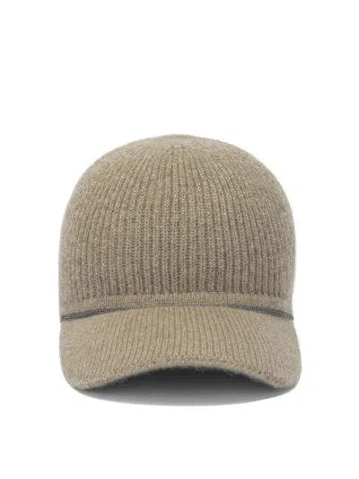 Brunello Cucinelli Curved Brim Knit Hats With Ribbed Texture In Neutral