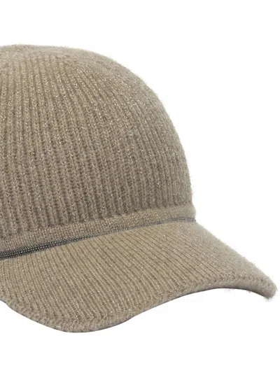 Brunello Cucinelli Curved Brim Knit Hats With Ribbed Texture In Neutral