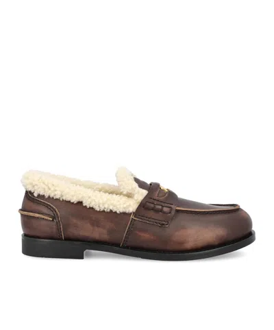 Miu Miu Bleached Leather And Shearling Penny Loafers In Brown