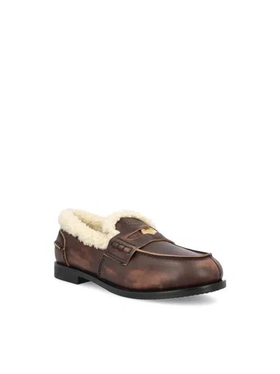 Miu Miu Bleached Leather And Shearling Penny Loafers In Brown
