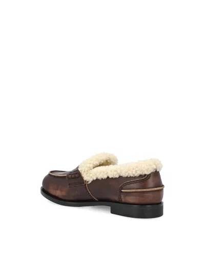 Miu Miu Bleached Leather And Shearling Penny Loafers In Brown