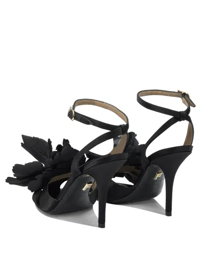 Ferragamo Black Satin Flower Sandals In Black