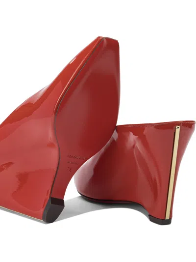 Ferragamo Alicia Patent Leather Peep-toe Wedge Mules In Red