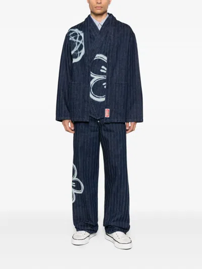 Kenzo Relaxed Fit Pinstripe Floral Trousers In Blue