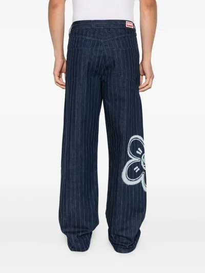 Kenzo Relaxed Fit Pinstripe Floral Trousers In Blue