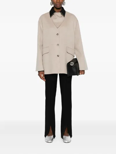 Nanushka Leather-collar Button-front Jacket In Nude