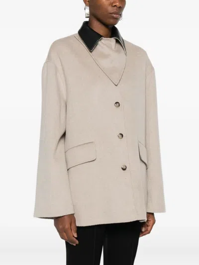Nanushka Leather-collar Button-front Jacket In Nude