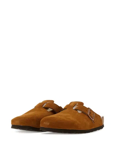 Birkenstock Boston Shearling Buckled Mules In Brown