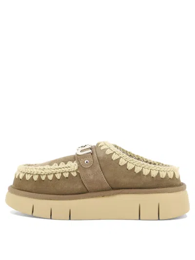 Mou Bounce Brown Mules With Logo Lettering And Open Rear In Suede Woman In Brown