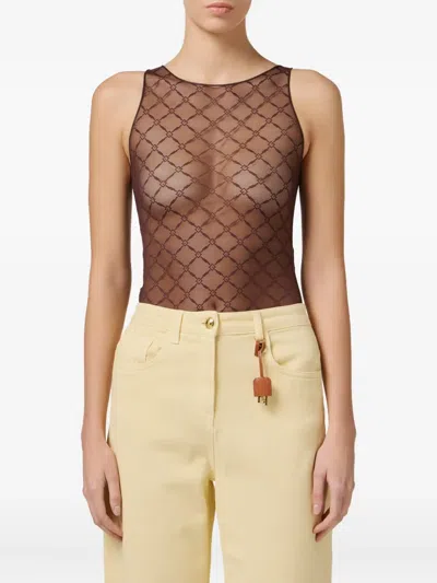 Elisabetta Franchi Fitted Sheer Scoop Geometric Silhouette In Brown