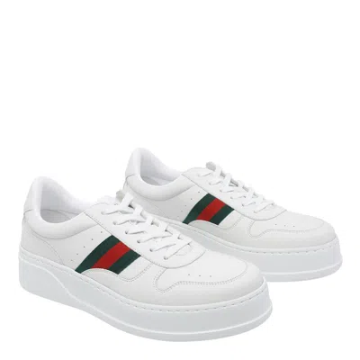 Gucci Men White Sneakers With Web Detail And Oversized Sole In Leather Man In White
