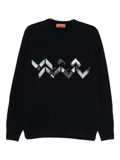 Missoni Knitted Crew Neck Sweater With Zigzag Detail In Blue