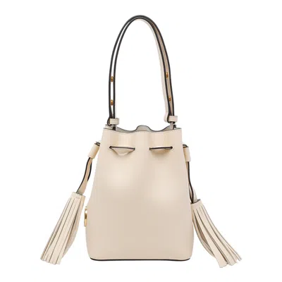 Valentino Cream V-logo Tassel Leather Bucket Bag In White
