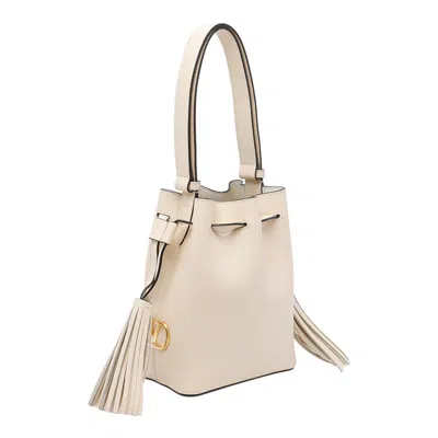 Valentino Cream V-logo Tassel Leather Bucket Bag In White