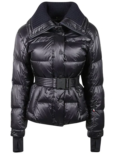 Moncler Puffer Jacket With Belted Waist And High Collar In Blue