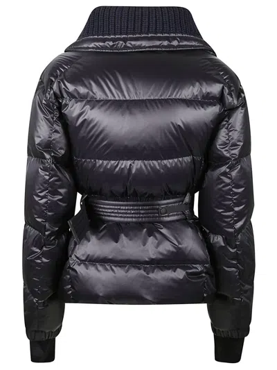 Moncler Puffer Jacket With Belted Waist And High Collar In Blue