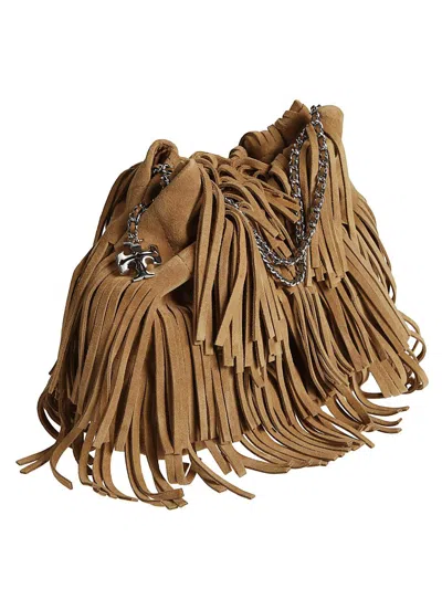 Tory Burch Fleming Small Brown Shoulder Bag With Chain Strap And Fringe Design In Suede Woman In Brown