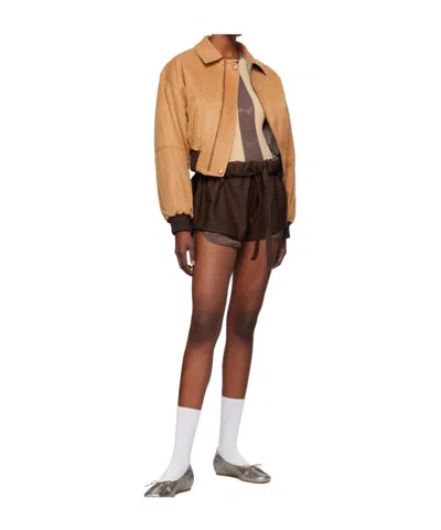 Open Yy Tan Paper Like Crop Bomber Jacket In Brown