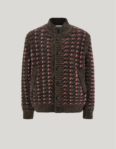 Canali Patterned Alpaca And Wool Blend Macro Jacquard Cardigan In Brown