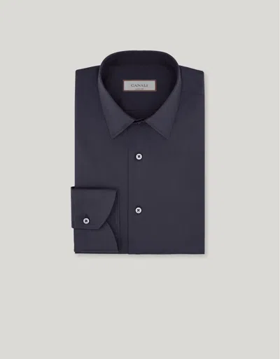 Canali Regular Fit Shirt In Navy Blue Stretch Cotton