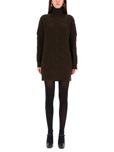 Max Mara Wool Dress With Braided Cable Knit In Brown