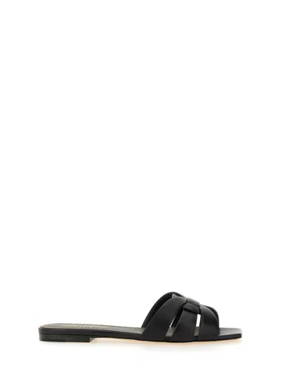Saint Laurent Tribute Leather Flat Sandals In Black