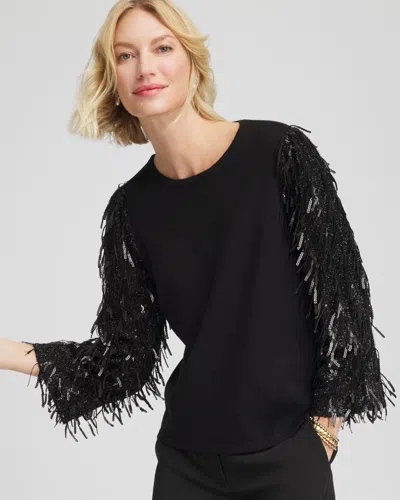 Chico's Fringe Sequins Pullover Sweater In Black In Black