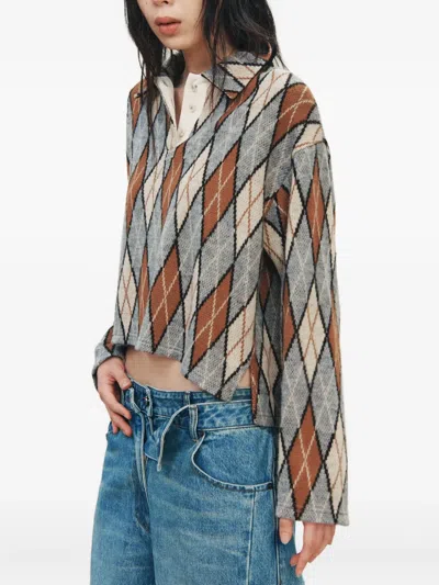 Studio Tomboy Argyle-pattern Polo Top In Gray