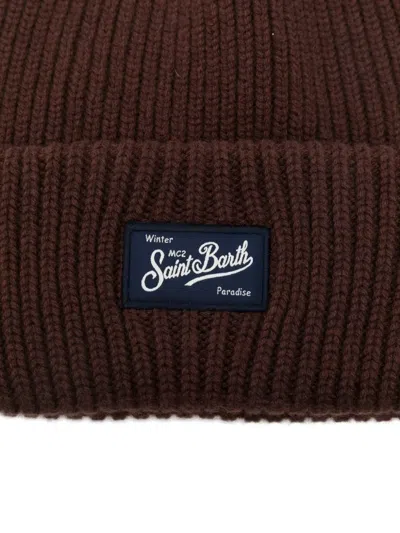 Mc2 Saint Barth Brown Ribbed Wool Beanie With Logo In Brown