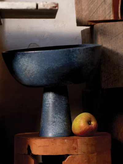 L'objet 8" Iron Terra Bowl On Stand In Blue