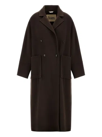 Herno Double-breasted Patch-pocket Coat In Brown