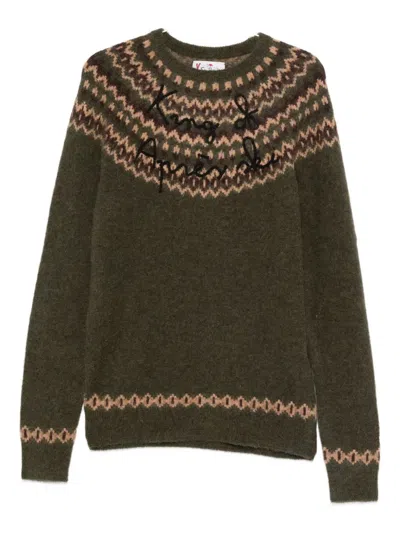 Mc2 Saint Barth Multicolor Knit Crew Neck Sweater With Embroidery Detail In Green