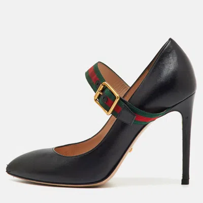 Pre-owned Gucci Black Leather Sylvie Mary Jane Pumps Size 37
