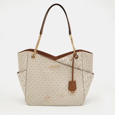 Pre-owned Michael Kors White/brown Signature Coated Canvas And Leather Large Jet Set Travel Chain Bag