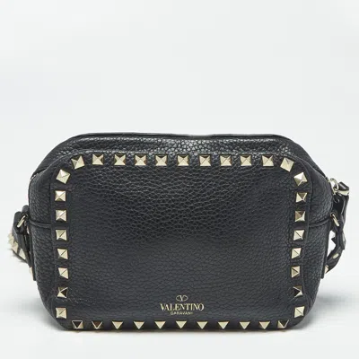 Pre-owned Valentino Garavani Black Leather Rockstud Camera Crossbody Bag